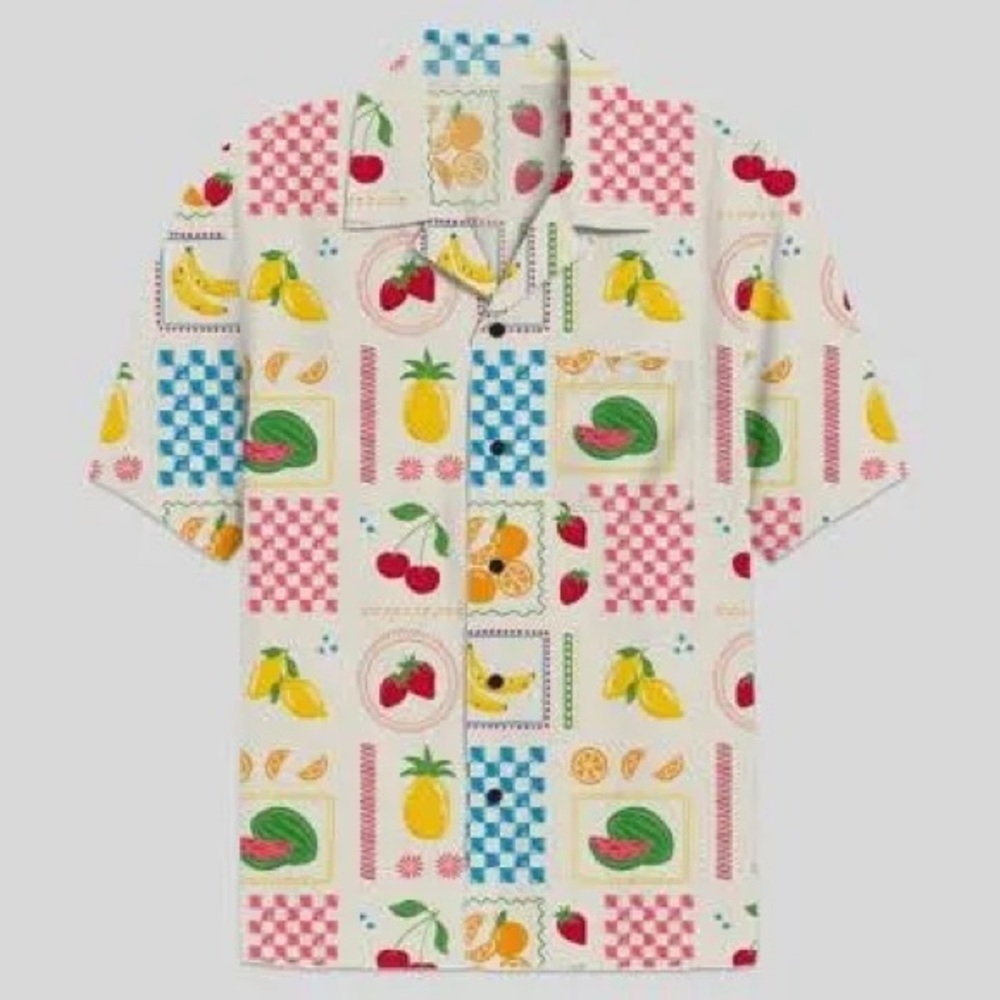 MAD Engine Men's Fruit Print Short Sleeve Button-Down Shirt Cream